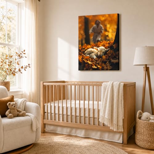 Image of Jesus and Lamb Canvas Wall Art Jesus Runs for the Lost Sheep In Autumn Forest Picture Wall Art Canvas Print Christian Home Decor 8x10 inch