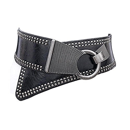 Waist Belt Womens Leather Fashion Wide Elastic Waistband With Punk Rivets Studs, Style 1 Black, One Size