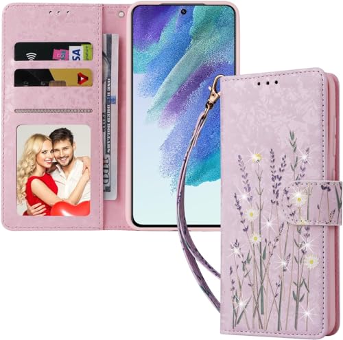 UEEBAI Wallet Case for Samsung Galaxy A35 5G, PU Leather Phone Case Kickstand RFID Blocking Flip Case Card Slots Wrist Strap Relief Engraved Pattern Magnetic Closure Folio Case - Pansy
