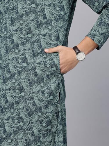 Image of Majestic Man Men's Regular Fit Ethnic Motifs Printed Pure Cotton Long Kurta with Mandarin Collar & Full Sleeves
