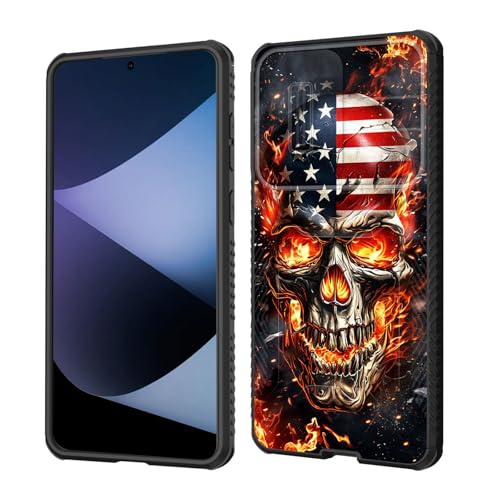 wiaekosef for Galaxy S25 Edge Case Built in Slide Camera Lens Cover,Heavy Duty Shockproof Protection Dual Layer Case for Samsung Galaxy S25 Edge 2025,American Flag Flame Skull