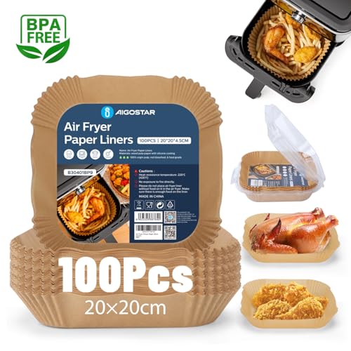Aigostar Papel Freidora Aire, Papel Air Fryer Cuadrado 20-24 cm Food-Grade BPA free Desechable 100 Piezas, Papel Horno de Aceite Antiadherente para 5-8L Freidora de Aire y Microondas