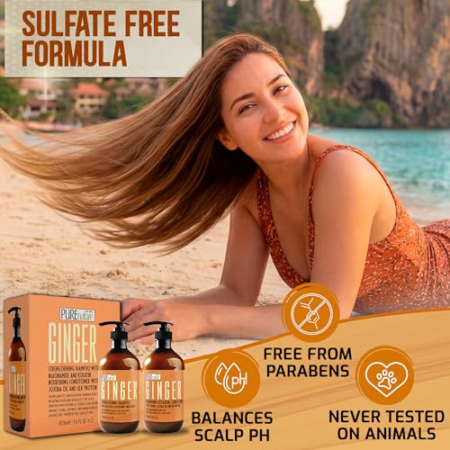 Image of Ginger Shampoo and Conditioner Set - Sulfate Free, Zero Paraben Blend - Scalp Stimulating Treatment - Anti Itch, Volumizing, Salon Strengthening - Repair Hair for Women and Men - 16 Fl Oz (Set of 2)