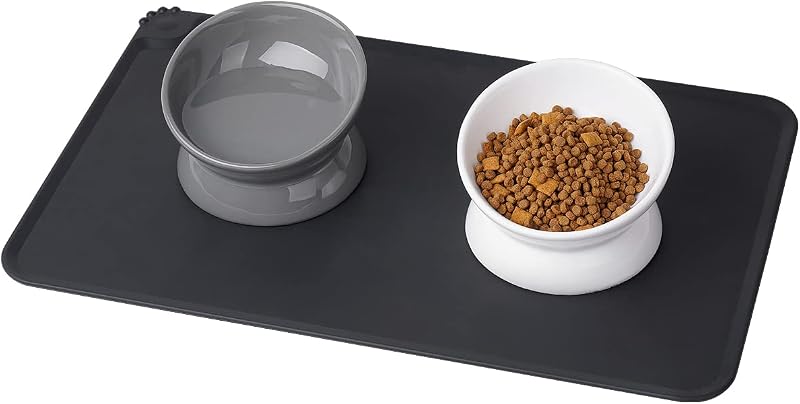 Pote Elevado e Inclinado de Cerâmica para Gatos LoeJan J1001 Branco e Cinza, 13,46 x 13,46 x 8,89 cm, 440 g