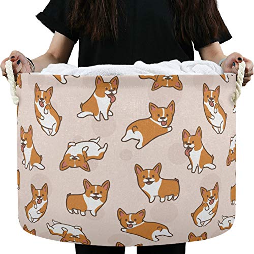 Image of visesunny Storage Basket Corgi Dog Cartoon Animal Nursery Hamper Canvas Fabric Toy Storage Organizer Bin Waterproof Storage Box Laundry Basket for Kid Rooms,Playroom,Shelves,Toy Basket,Gift Basket