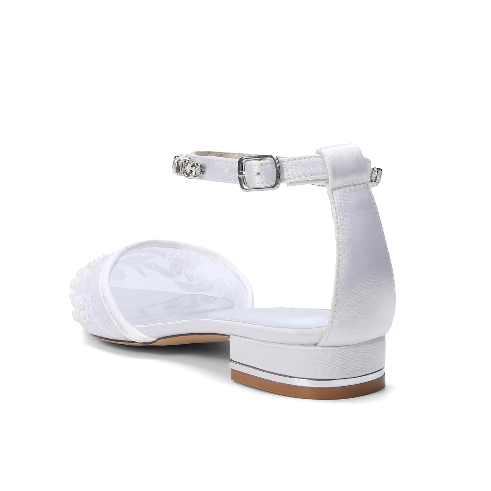 Damen Flache Hochzeitsschuhe Spitz Satin Brautschuhe mit Perlen Blumen Strass Knöchelriemen Elegante Abend Ballschuhe