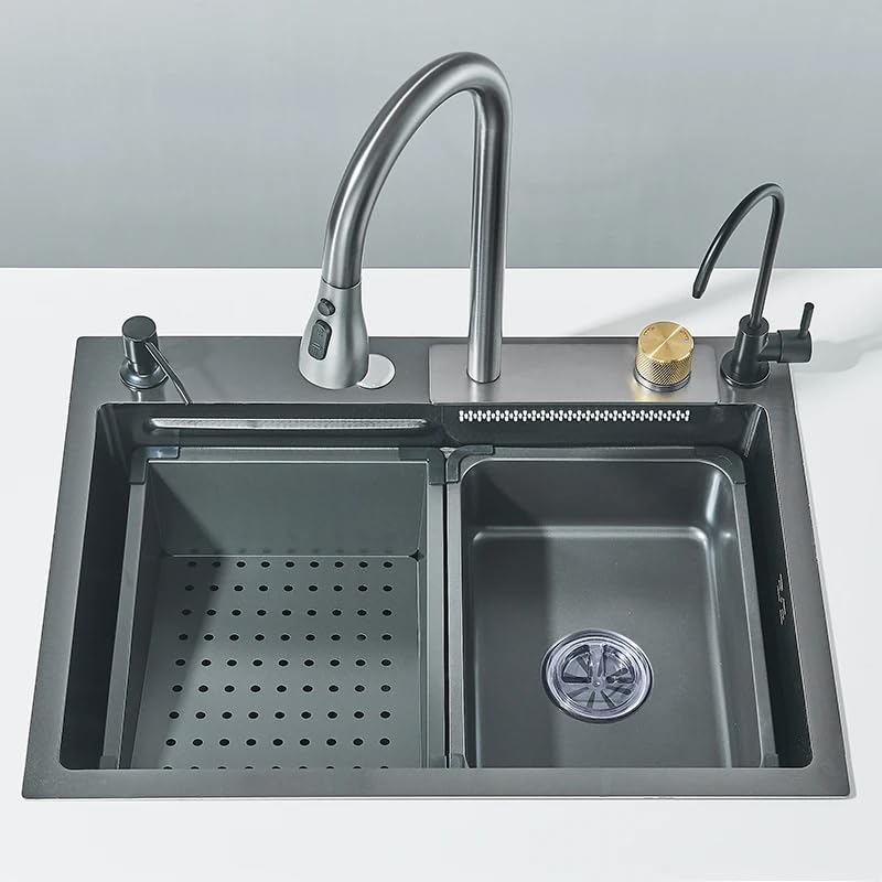 Zlewozmywak kuchenny ze stali nierdzewnej z kranem, duża pojedyncza miska z dozownikiem mydła, funkcje wodospadu i deszczu, system 4 funkcji, srebrny 60 x 45 cm