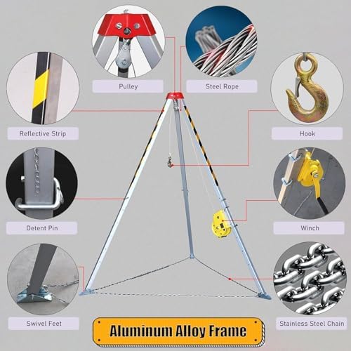 Confined Space Equipment Adjustable Commercial Firefighting Rescue Tripod with Self-Locking Device，Fall Arrest Kit & Confined Space Rescue Tripod - 1800 LBS Self-Locking Winch Adjustable Leg