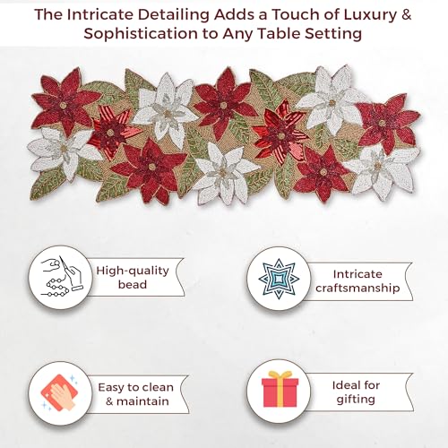 Image of Cotton Beautiful Silver Beaded Table Runner Craftsmanship | Pack of 1 Measure 13 * 36 Inches| Thanksgiving - Occasional Decoration Red Multi Flowers, Medium