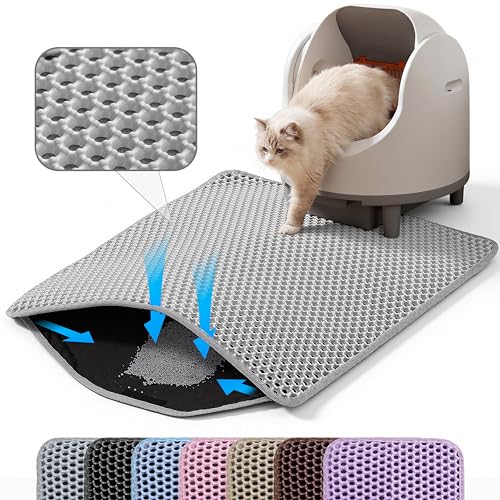 Petinstinct Extra Large Cat Litter Mat, 30x22 Inches Honeycomb Double Layer Cat Litter Trapping Mat, Non Slip Waterproof Urine Proof Large Kitty Litter Box Mat for Floor, Kitten Supplies, XL, Gray