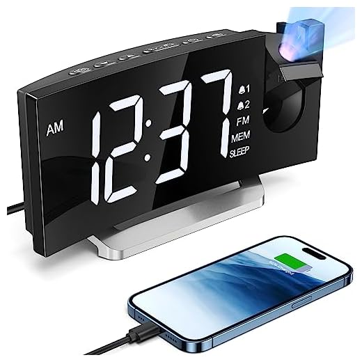 Projection Alarm Clock,FM Clock Radio with 0-100% Dimmer,Digital Clock Radio for Bedroom with 180° Projector on Ceiling,USB Charger, 5 Alarm Tones,Dual Alarm Clock for Heavy Sleeper Kids Elderly