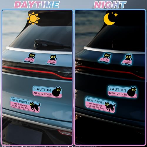 Image of 4Pcs Black Cat New Driver Car Magnet Sticker Safety Sign, Cute Shivering Cat Student Driver Sign for Car Bumper, Funny Cartoon Nervous Caution Reusable Supplies