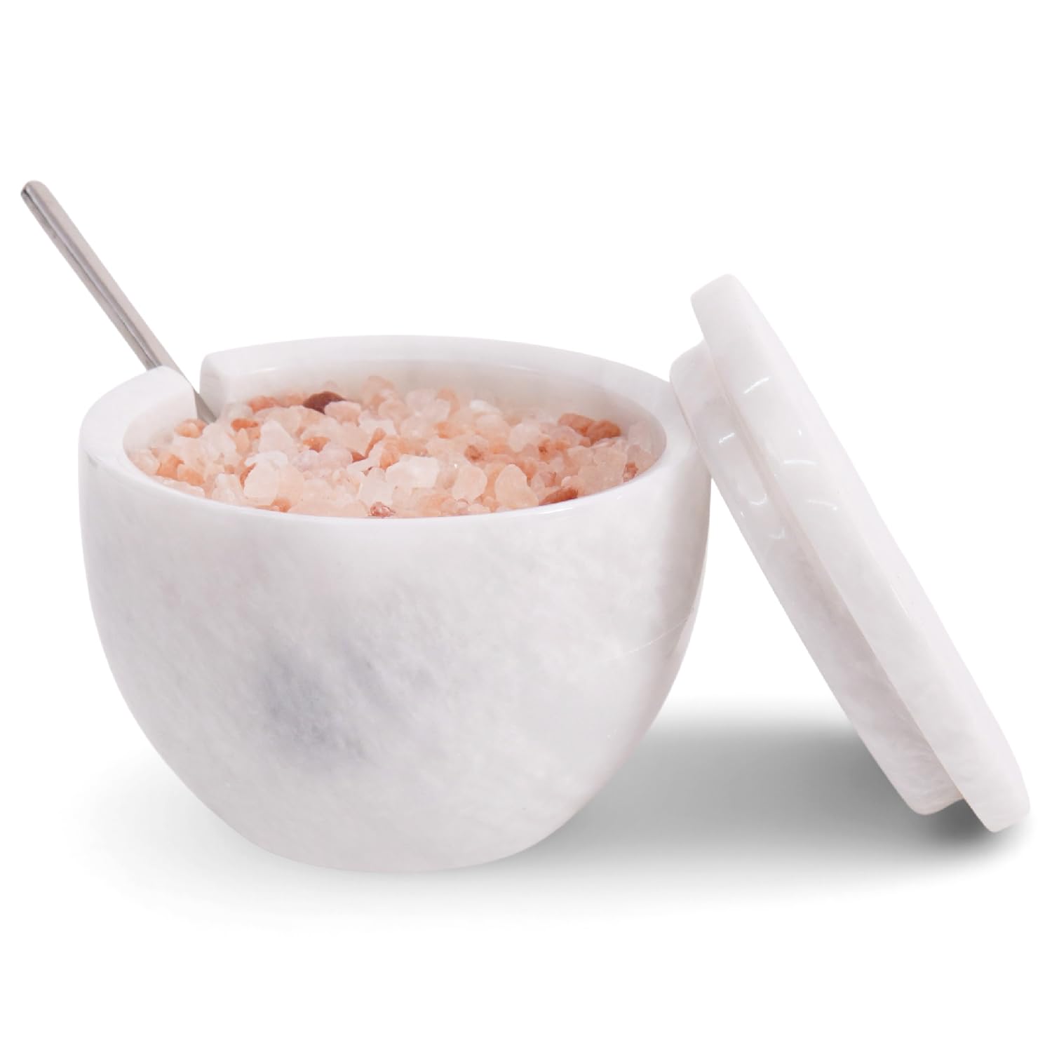 MARBLOUS KRAFTS White Marble Salt Cellar with Lid and Spoon 3 x 4 Inches Round Salt Bowl for Kitchen Countertop Salt and Sugar Container