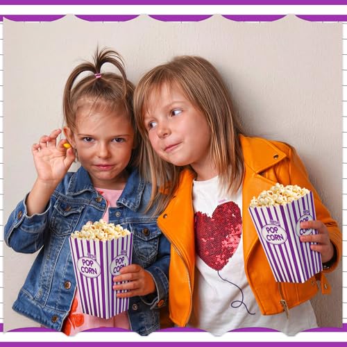 Image of Xinnun 200 Pcs Popcorn Boxes 32 oz Classic Stripe Paper Popcorn Buckets Bulk Disposable Oil Proof Container Vintage Retro Open Top Holders for Movie Night Supply Theater Carnival Party(Purple)
