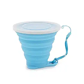Copo Silicone Dobrável Retrátil Borda de Inox Com Tampa 270ml Ecológico Reutilizável Fino Bolso (Azul)