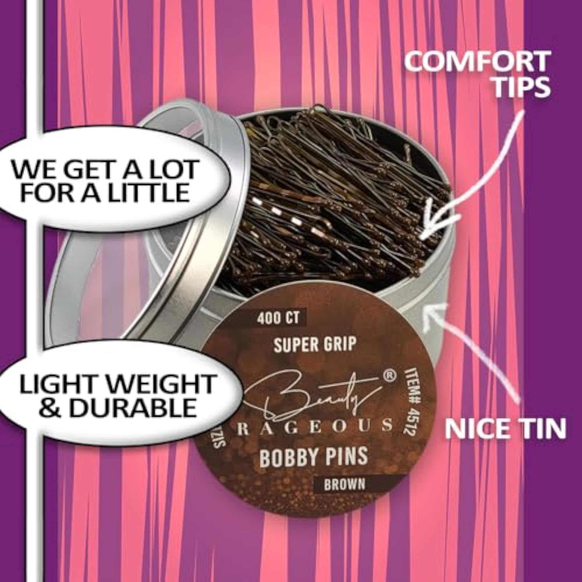 Super Grip Brown Bobby Pins, 400 Ct Reusable Tin