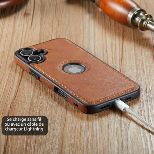 Étui en cuir pour iPhone 16 protégeant le smartphone de 6,1" sans retirer la charge