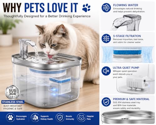 Image of PetVogue Pet Water Fountain | Stainless Steel Bowl | Continuous Flow with Filter | Ultra-Quiet | for Cats & Dogs (2.2 LTR Water Dispenser)