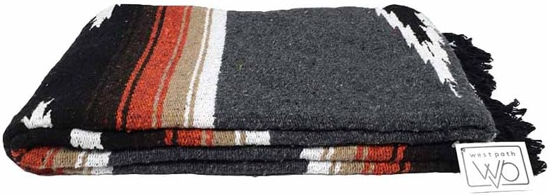 Miniatura 6 de Open Road Goods Manta de yoga mexicana negra carbón, diamante grueso con sarape retro vintage, rayas rojas, tostadas, marrones y blancas