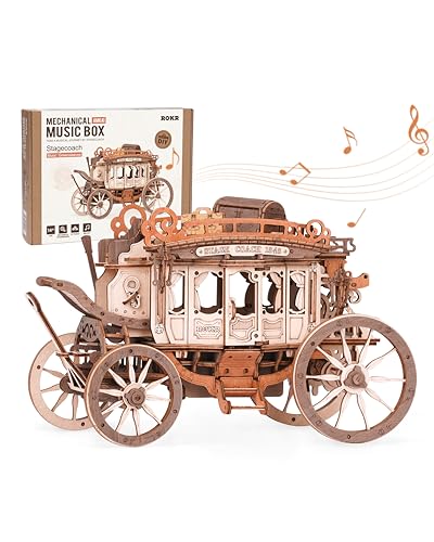 ROKR 3D Puzzle Holz Holzmodelle Bausätze Erwachsene, Mechanische Spieluhr-Postkutsche, Geburtstagsgeschenke für Kinder und Erwachsene, Stagecoach AMKA1