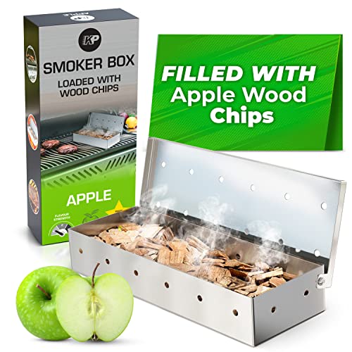 Kitchen Perfection Smoker Box Filled With Apple Wood Chips -Top Grill Smoker Box,Adds Delicious Smokey Flavor On Gas Grill/Charcoal Grills, Stainless Steel Bbq Grill Accessories Grill Master Gift #TOP2