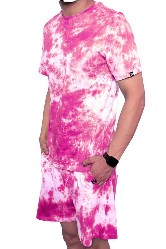 Image of EK RAG' Unisex Tie and dye & Solid Colours Half Sleeves Co - ords Set : Half Sleeve T-Shirt + Shorts Tie dye & Solid Colours For Men & Women