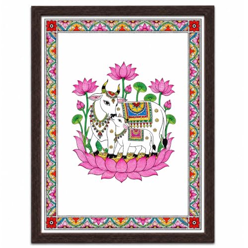 Image of PAPER PAJAMA Vastu Kamdhenu Cow and Calf Wall Art for Living Room | Madhubani Sacred Cow Painting with Lotus | Traditional Mithila Framed Decor for Home, Office & Pooja Room (10x13 Inches)