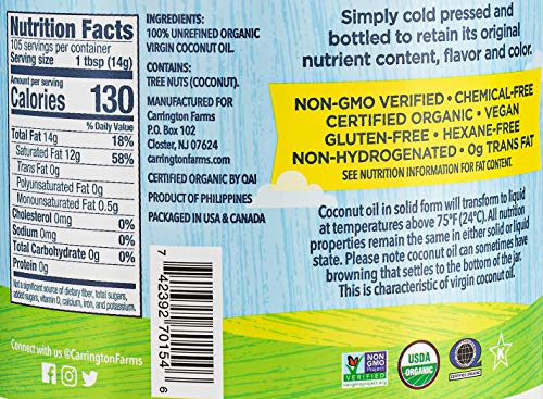 Carrington Farms Organic Virgin Cold Pressed Coconut Oil For Cooking, Nutrient Dense, Unrefined, Perfect For Baking Or Sauteing Vegetables, 54 Fl Oz #TOP2