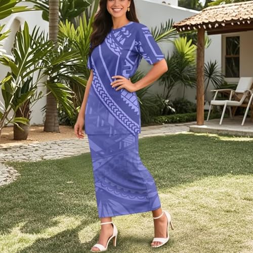 Image of Puletasi Samoan Traditional 2 Piece Outfits for Women Short Sleeve Crop Top and Maxi Skirt Sets Puletasi Dress