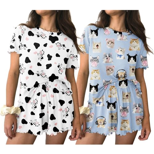 Image of Ekouaer 2 Packs Women Pajama Set Short Sleeve Sleepwear Soft Top and Shorts | Casual Pjs Outfits Ribbed Knit Lounge Set with Pockets