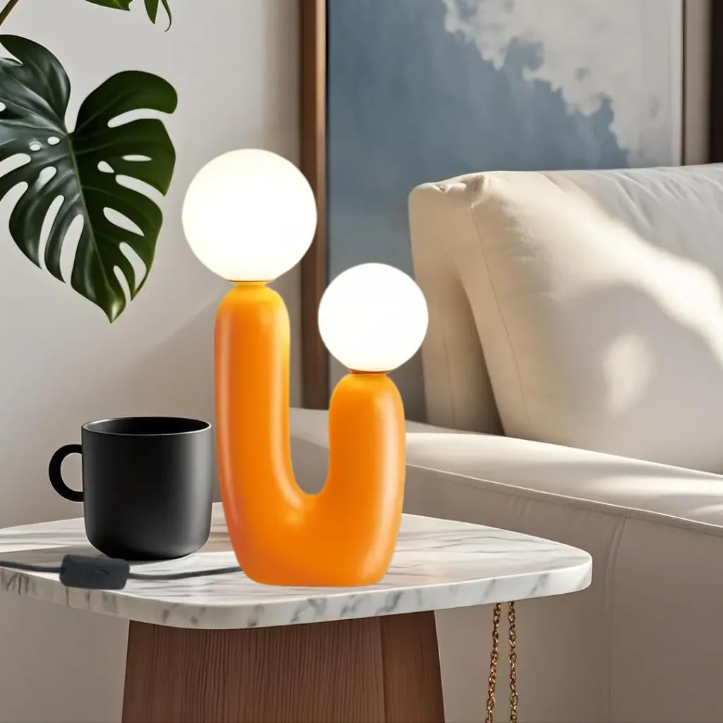 Orange Lamp,Orange Mushroom Table Bedside Lamp,Desk Light Home Office Decor,Night Light with White Plastic Shade and Resin Base,Bedside Lamps for Bedroom,Living Room,Kids Room,Bed Side,Nightstand