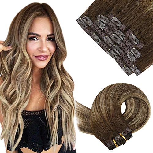 JoYoung Clip in Hair Extensions Human Hair Ombre Dark Brown Mix Caramel Blonde Clip in Extensions Human Hair,Ombre Clip Extensions 120gram 14inch 7pcs