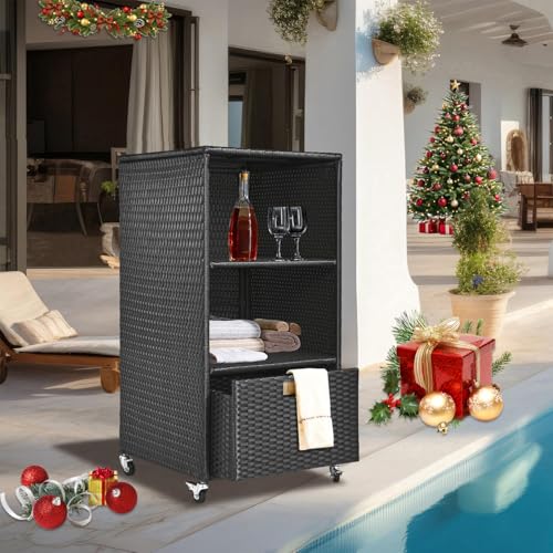 Outdoor Towel Rack for Pool Outdoor Pool Towel Storage Cabinet with Shelf & Drawer Pool Towel Holder with Rolling Wheels Hot Tub Towel Rack w/Waterproof Cover Poolside Towel Valet Caddy for Spa Black - Thumbnail 5