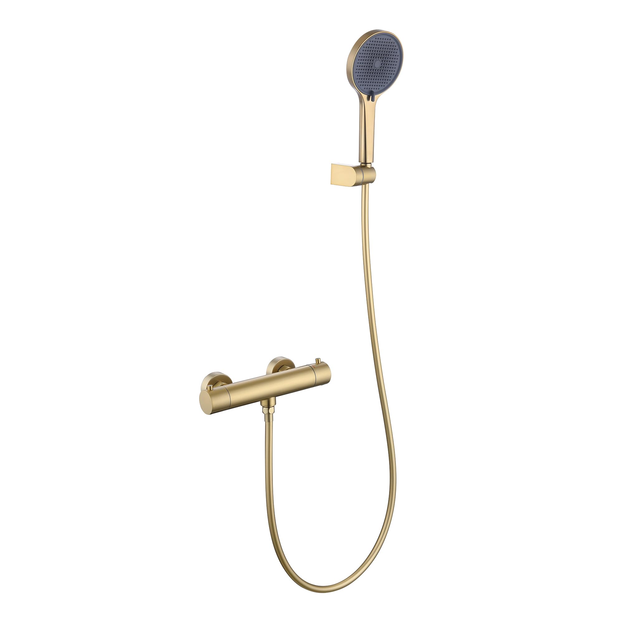 Friota Brushed Gold Thermostatic Shower Mixer Combi Safety Lock Button, 38Β°C Anti Scald Exposed Shower Mixer Bar, Wall Mounted Temperature Control Bath Shower Mixer Include Hand Shower Set