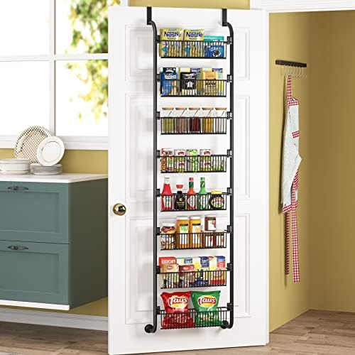 1Easylife 8-Tier Over the Door Pantry Organizer, Heavy-Duty Metal Pantry Door Organizer with 8 Baskets, Hanging Storage Door Organization Kitchen Spice Rack (Black, 8x4.72 Width Baskets)