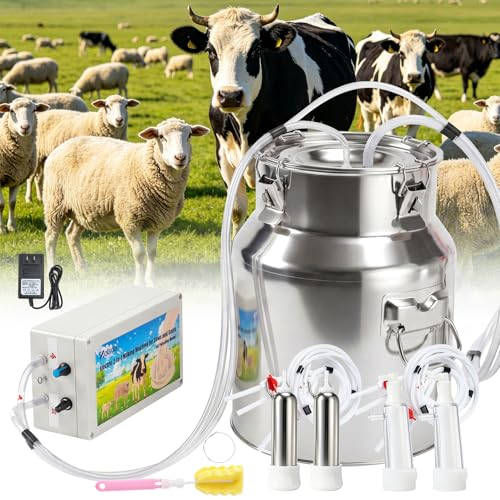Upgraded 14L 2-in-1 Cordless Electric Milking Machine for Goats Cows & Sheep 304 Food-Grade Stainless Steel Bucket Adjustable Suction Pulsation Vacuum Pump Milker with 4 Teat Cups Portable Milker