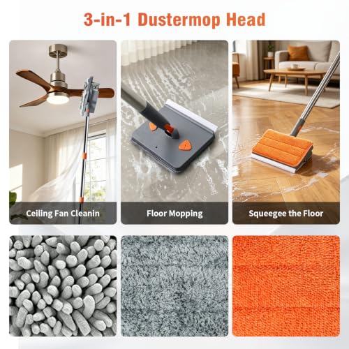 Image of Baseboard and Ceiling Fan Cleaner Tool with 80 inch Extendable Long Handle, 2-in-1 Baseboard Cleaner with Squeegee，7 Reusable Pads for Baseboards,Ceiling Fan,Floor,Glass,Ceiling and Wall Cleaning