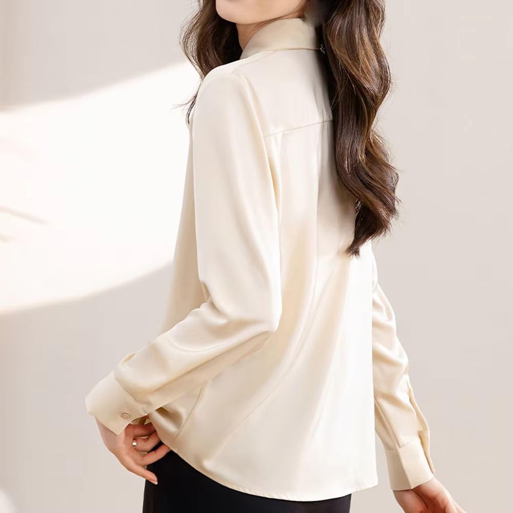 Camisa elegante de satén liso para mujer, de manga larga, vintage, para oficina, trabajo, blusa blanca, ropa formal
