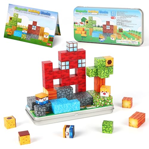 SYSKENI Mini Magnetic Blocks Travel Set, 35PCS Magnetic Blocks Travel Toys for Kids Ages 3-5 4-8, Portable Magnet Cubes Preschool Learning Toys with Portable Iron Storage Box Christmas Birthday