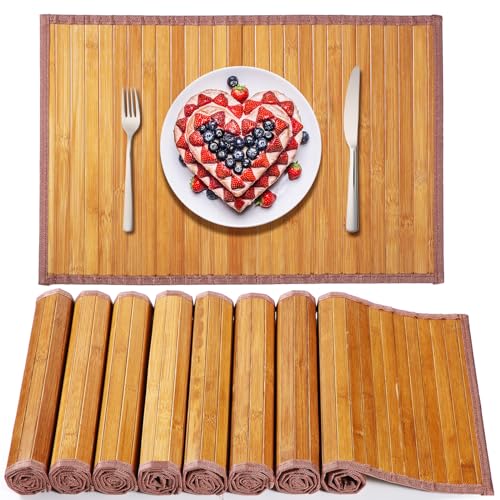 Hushee 8 Pcs Bamboo Placemats Bamboo Dining Table Mats Washable Heat Resistant Bamboo Place Mats for Dining Room and Kitchen Table, 18 x 12 inch (Classic Style)
