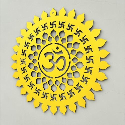 Image of BAPUBEBE Om Round Wall Art Mdf Wooden Frame Om Chakra For Mandir Temple, Living Room, Office, Hotel, Gift Item, Mandala Wall Hanging For House Home Decoration Items Size 12 * 12inch (YELLOW)