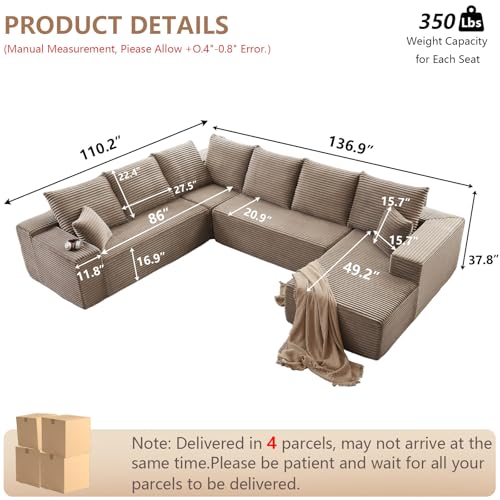 Image of Oversized Modular Sectional Sofa Couch, Large 6 Seater Corner Sofa Modern U Shaped Sectional Couch Cloud Couches for Living Room, Office, Spacious Space, Corduroy, No Assembly Required, Camel