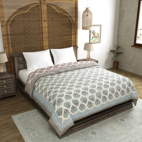 Image of BLOCKS OF INDIA Hand Block Printed Cotton King Size Quilt (90 Inch X 108 Inch) (King Quilt Grey Motifs), 300 TC