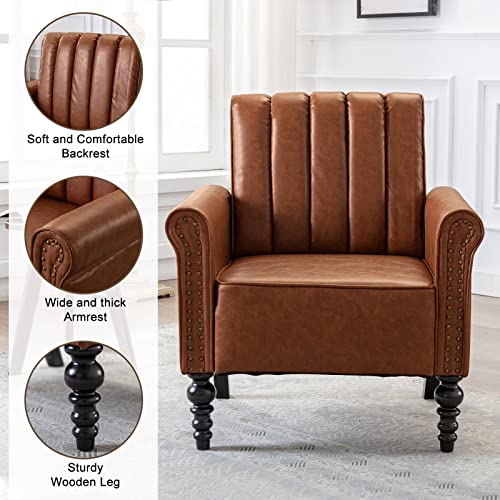 Ttgieet Pu Leather Accent Chair With Arms For Living Room, Modern Upholstered Armchair With Solid Wood Legs For Single Sofa Reading Club Chair Living Room, Bedroom, Office(Brown) #TOP4