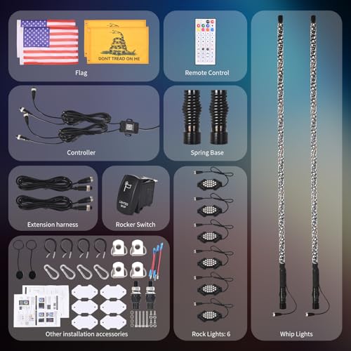 Image of 2PCS 4FT LED Whip Light and 6 Pods Rock Light Kit with Spring Base, Spiral RGB Chase and Music Lights Whips with Rocker Switch, App & Remote Control, for UTV ATV RZR SXS Can-Am Polaris