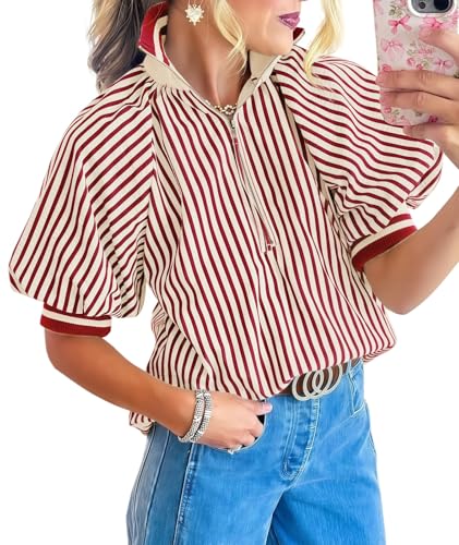 BKBEY Womens Striped Half Zip Shirts Short Puff Sleeve Loose Color Block Knit Collared Blouse