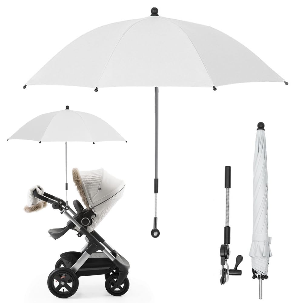 Mineup Sombrilla Universal Carrito de Bebé, UV 50+ sombrilla carro bebe universal, Sombrilla para cochecito de bebé con Soporte Flexible Universal y Clip, diámetro 75 cm, Color Blanco