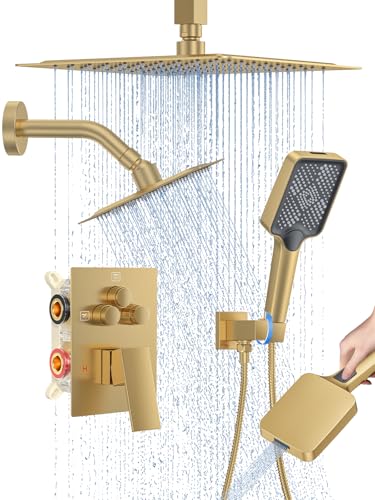 Image of Woindo Shower Faucet Set, 10 inch Ceiling Mount Rainfall Shower System with 2 Rain Shower Head and Multi-function Handheld Head Push Button Diverter Shower Faucet Trim Kit