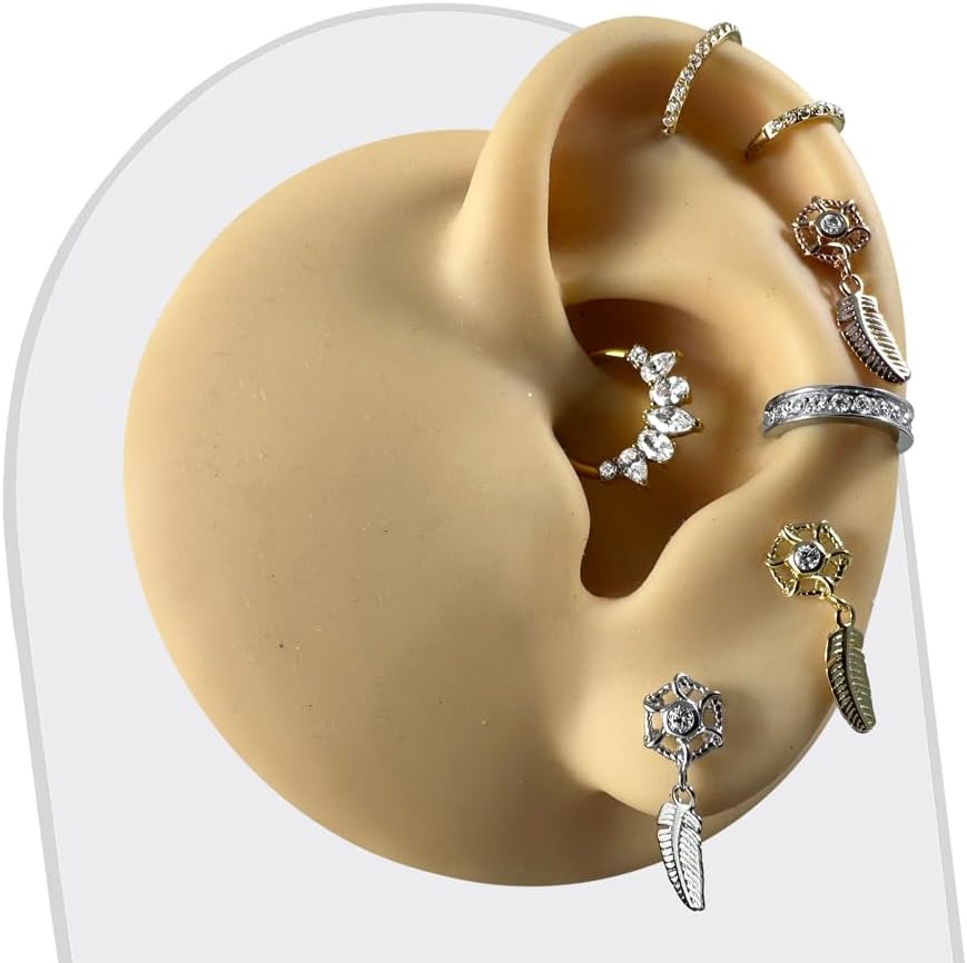 Single Leaf Dream Catcher with CZ Stone Design Top 16 Gauge 316L Surgical Steel Tragus - Cartilage - Helix - Conch - Stud Piercing Jewelry