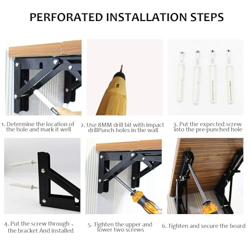 Image of Storystore Folding Shelf Brackets - 8 Inch Heavy Duty Metal Collapsible Shelf Bracket for Bench Table, Shelf Hinge Wall Mounted Space Saving DIY Bracket, Max Load: 150 lb (2 PCS, Black)